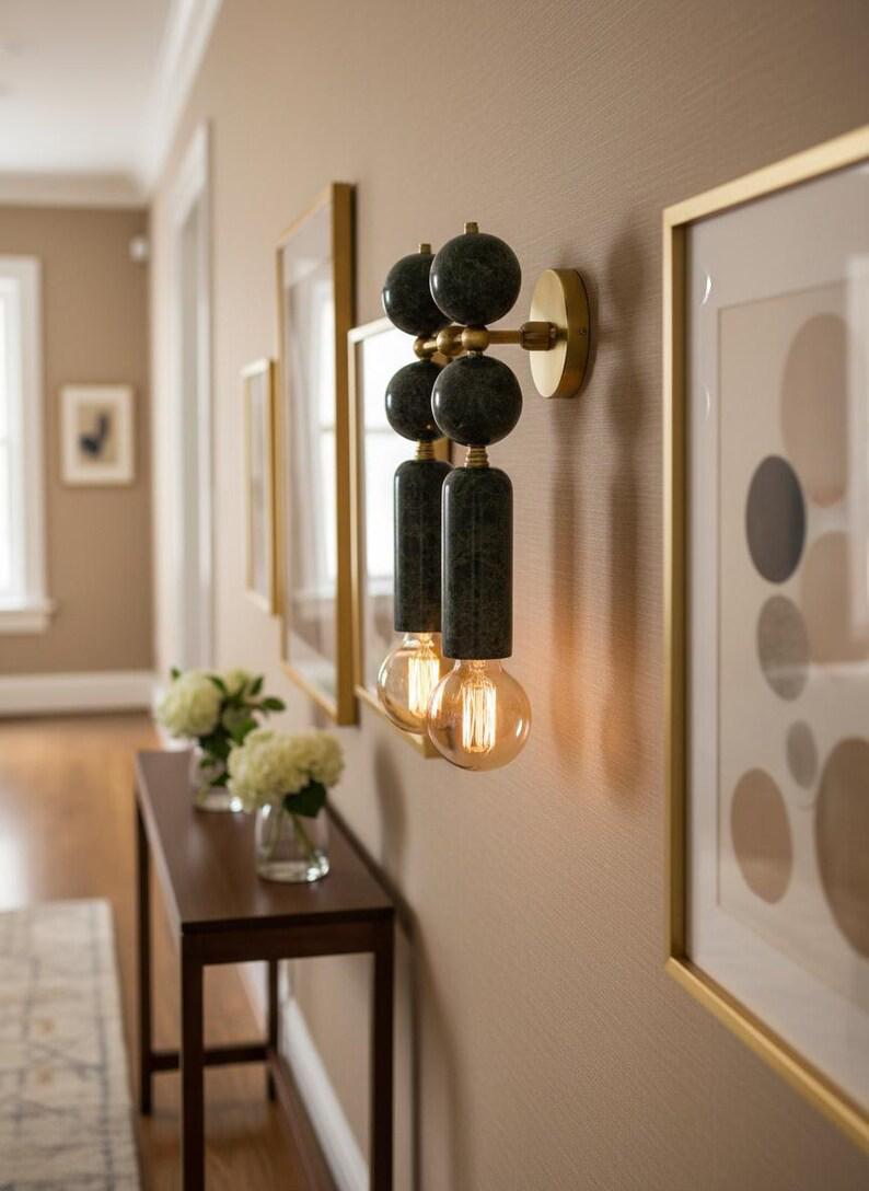 Handmade Brass Wall Sconce with Double Light and Natural Marble Gemstones