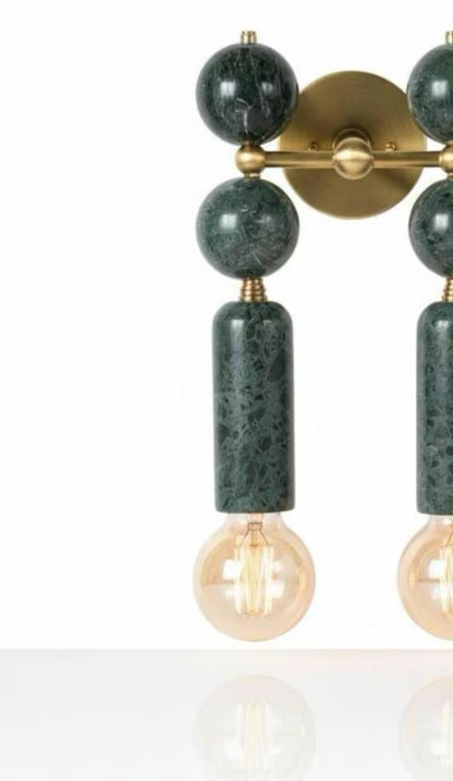 Handmade Brass Wall Sconce with Double Light and Natural Marble Gemstones
