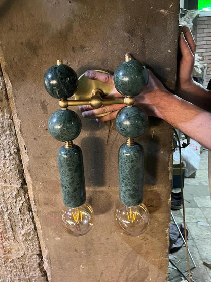 Handmade Brass Wall Sconce with Double Light and Natural Marble Gemstones