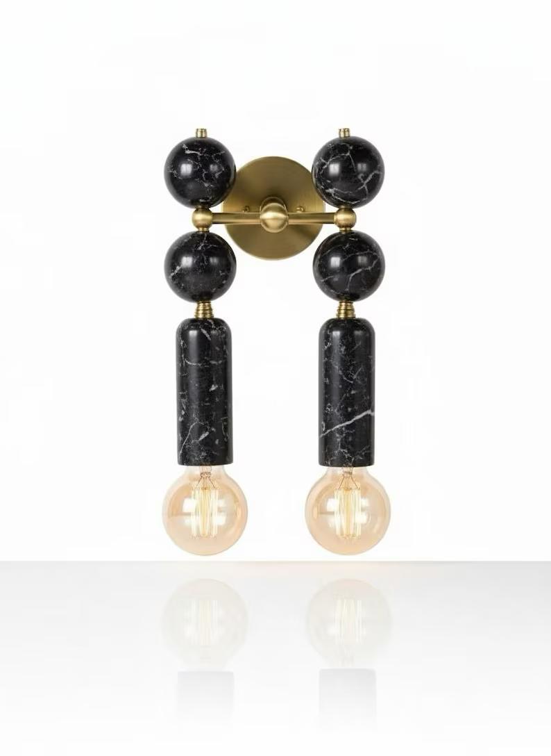 Handmade Brass Wall Sconce with Double Light and Natural Marble Gemstones