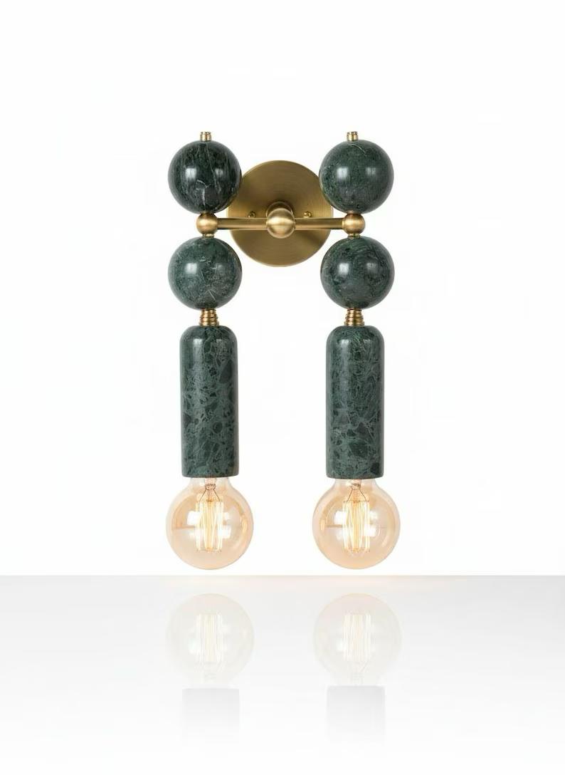 Handmade Brass Wall Sconce with Double Light and Natural Marble Gemstones