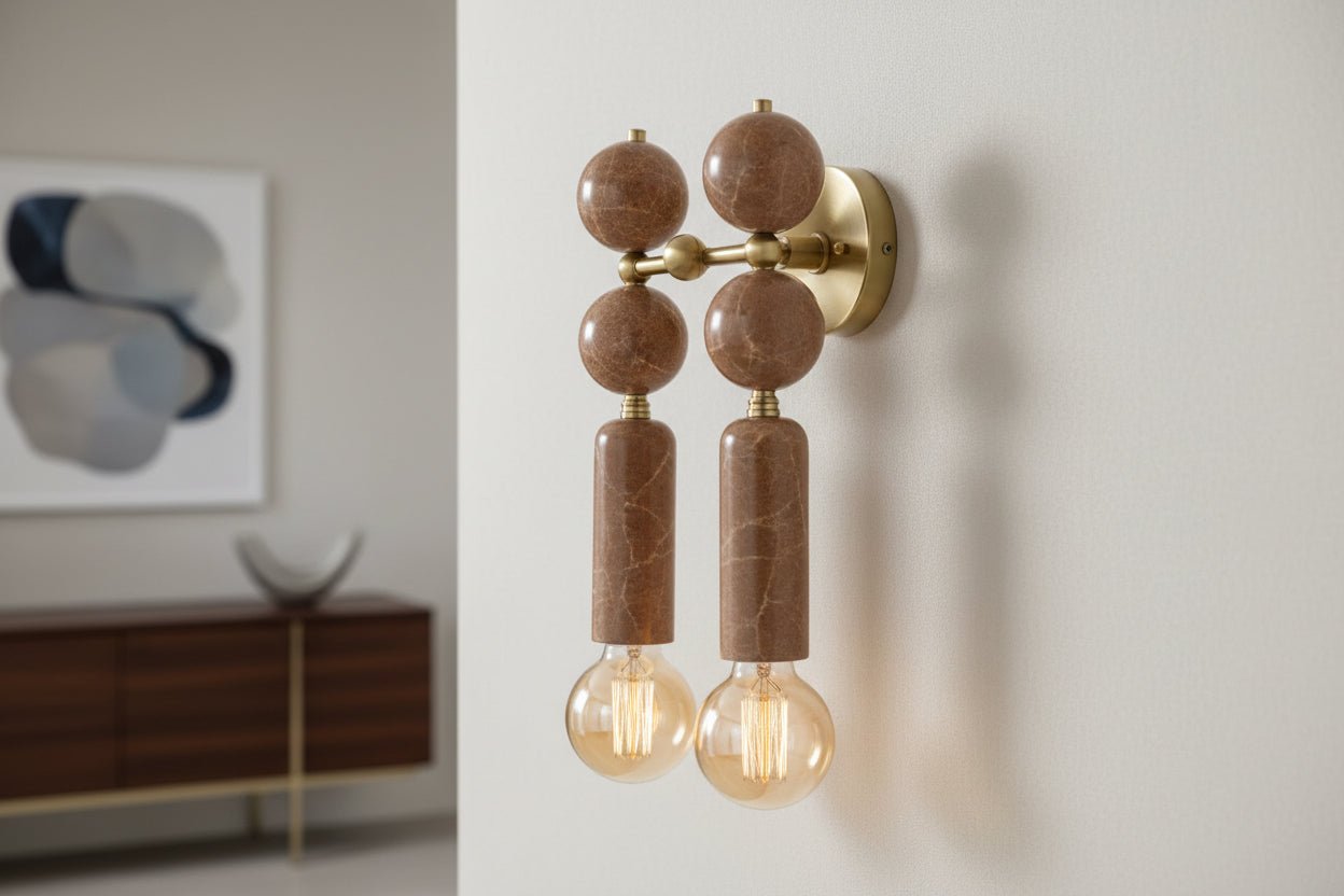 Handmade Brass Wall Sconce with Double Light and Natural Marble Gemstones