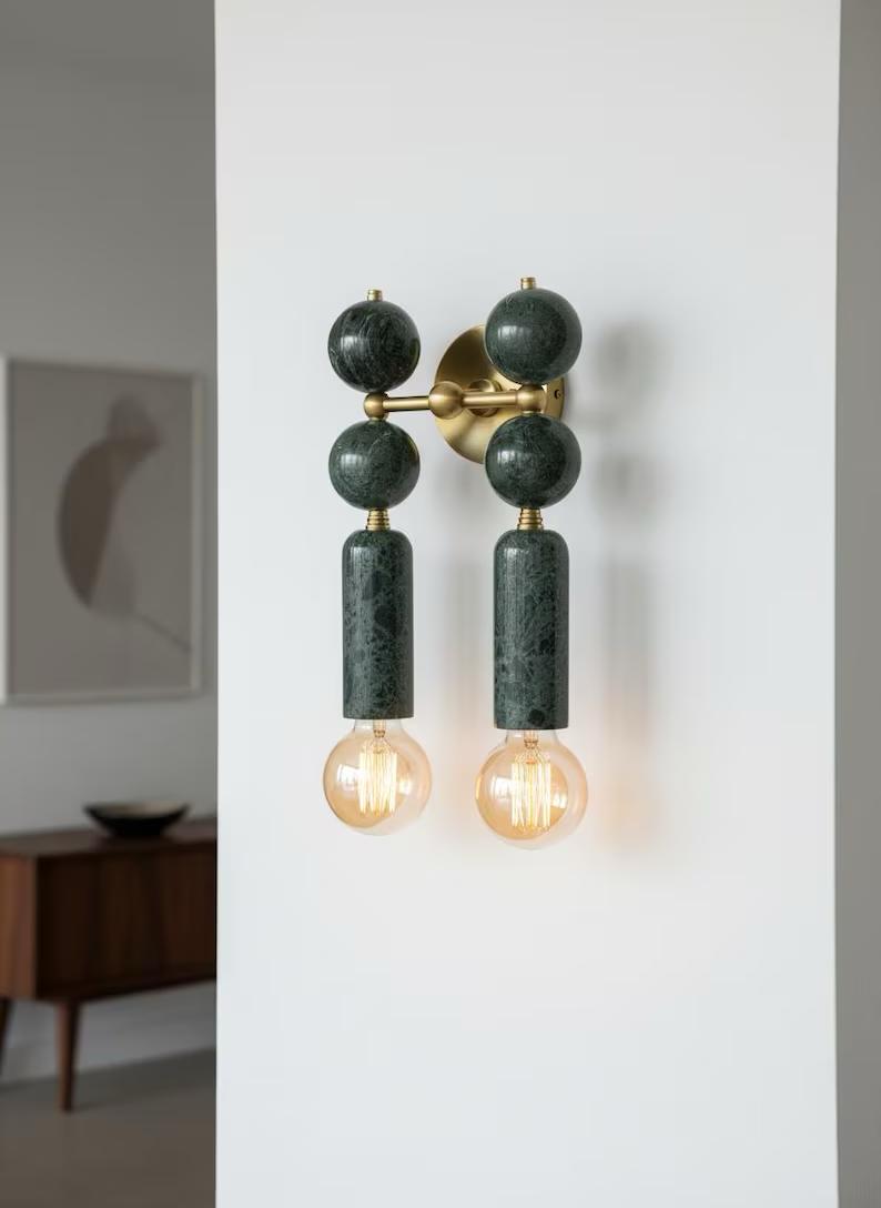 Handmade Brass Wall Sconce with Double Light and Natural Marble Gemstones