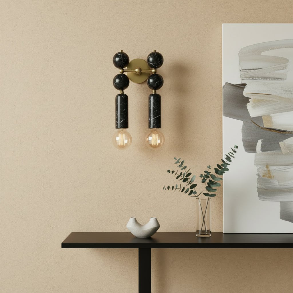 Handmade Brass Wall Sconce with Double Light and Natural Marble Gemstones