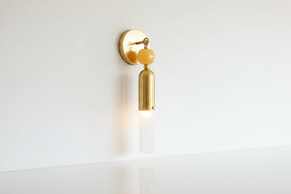Handmade Brass Wall Sconce with Frosted Glass Tube and Marble Gemstone