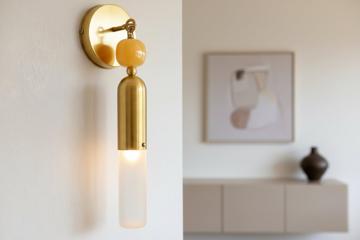 Handmade Brass Wall Sconce with Frosted Glass Tube and Marble Gemstone