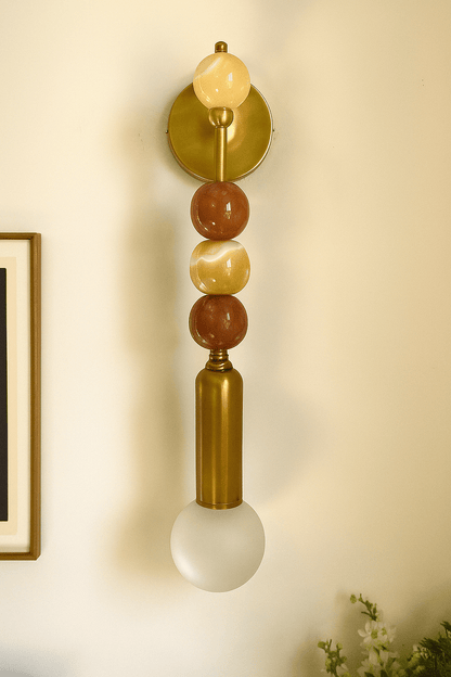 Handmade Brass Wall Sconce with Marble Gemstones and Frosted Glass Globe