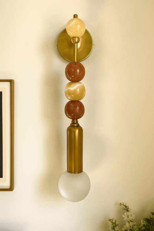 Handmade Brass Wall Sconce with Marble Gemstones and Frosted Glass Globe