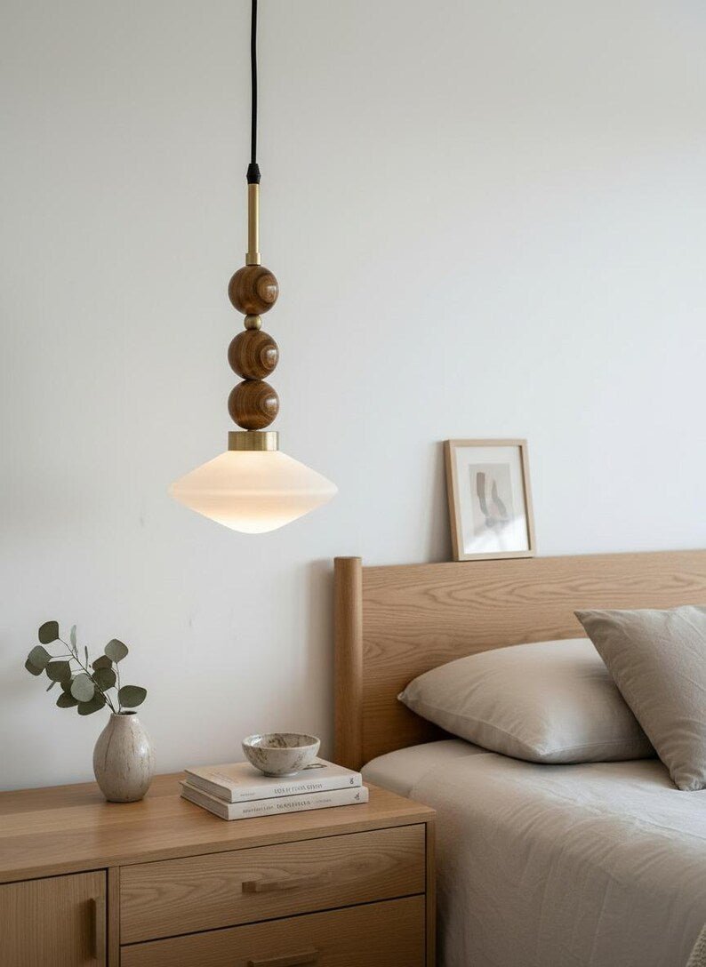 Handmade Brown Onyx and Frosted Glass Pendant Light | Modern Stone Hanging Lamp