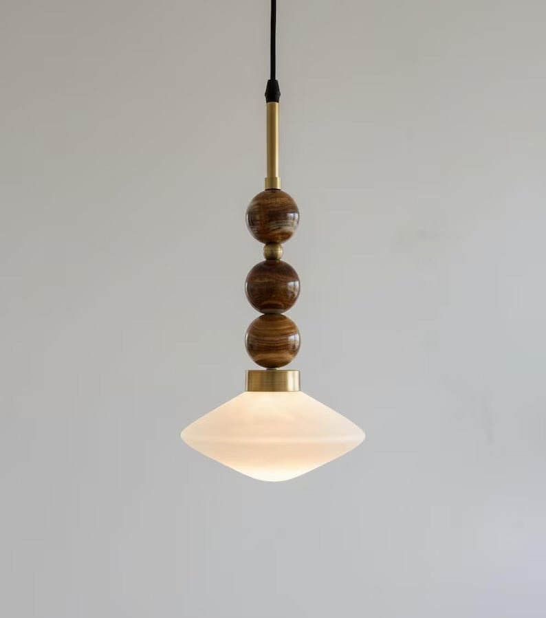 Handmade Brown Onyx and Frosted Glass Pendant Light | Modern Stone Hanging Lamp