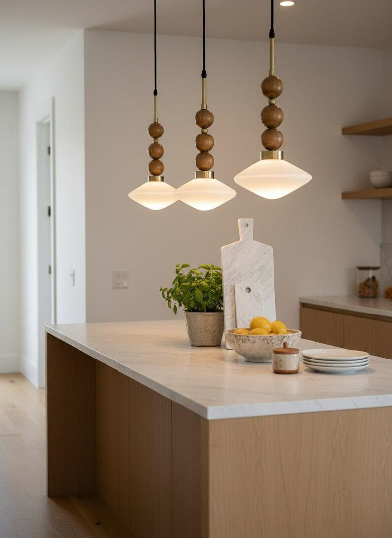 Handmade Brown Onyx and Frosted Glass Pendant Light | Modern Stone Hanging Lamp