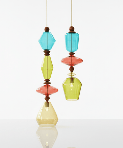 Handmade Colorful Blown Glass Pendant Lights – Artistic Glass Hanging Lamps with Wood Accents