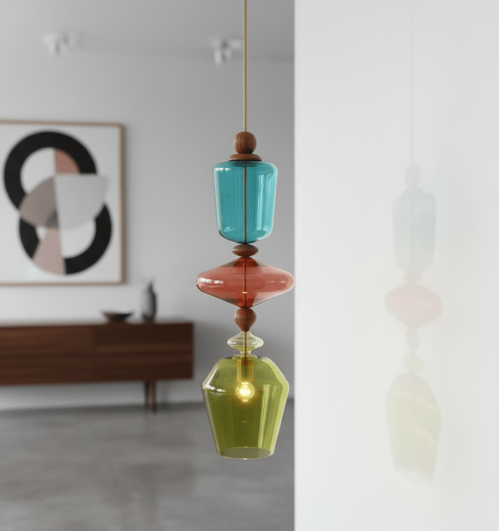 Handmade Colorful Blown Glass Pendant Lights – Artistic Glass Hanging Lamps with Wood Accents
