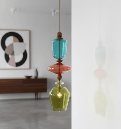 Handmade Colorful Blown Glass Pendant Lights – Artistic Glass Hanging Lamps with Wood Accents