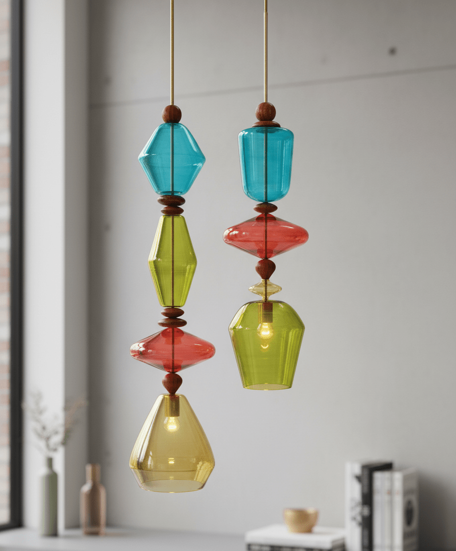 Handmade Colorful Blown Glass Pendant Lights – Artistic Glass Hanging Lamps with Wood Accents
