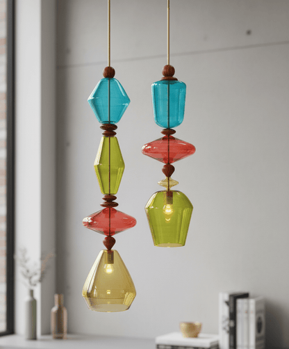 Handmade Colorful Blown Glass Pendant Lights – Artistic Glass Hanging Lamps with Wood Accents