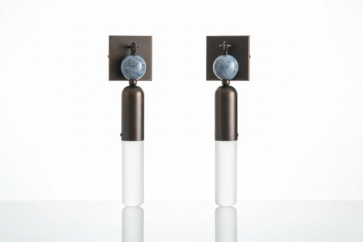 Handmade Frosted Glass Tube Wall Sconce with Natural Marble Gemstones