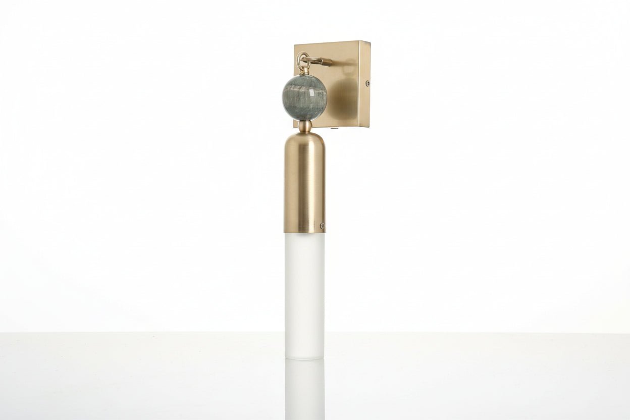 Handmade Frosted Glass Tube Wall Sconce with Natural Marble Gemstones