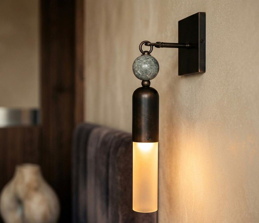 Handmade Frosted Glass Tube Wall Sconce with Natural Marble Gemstones - Dark Bronze finish