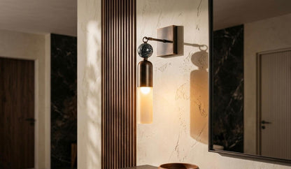 Handmade Frosted Glass Tube Wall Sconce with Natural Marble Gemstones - Dark Bronze finish