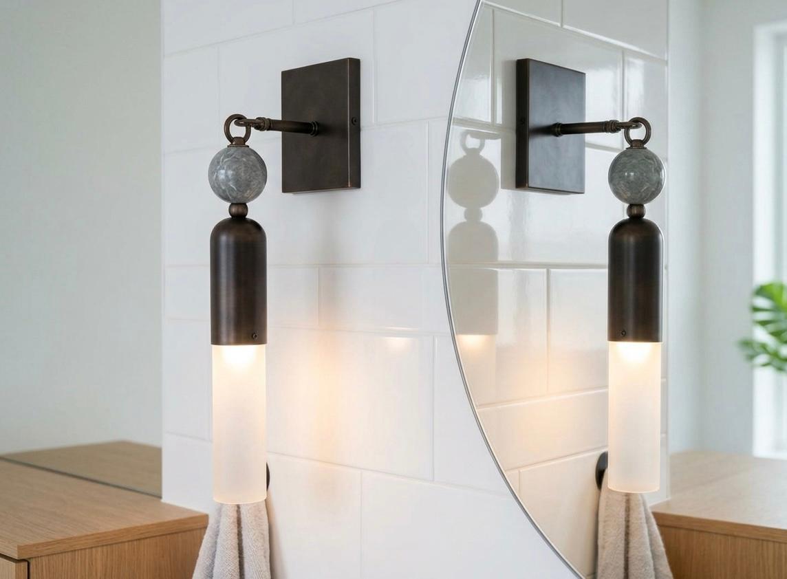 Handmade Frosted Glass Tube Wall Sconce with Natural Marble Gemstones - Dark Bronze finish
