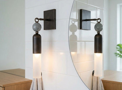 Handmade Frosted Glass Tube Wall Sconce with Natural Marble Gemstones - Dark Bronze finish
