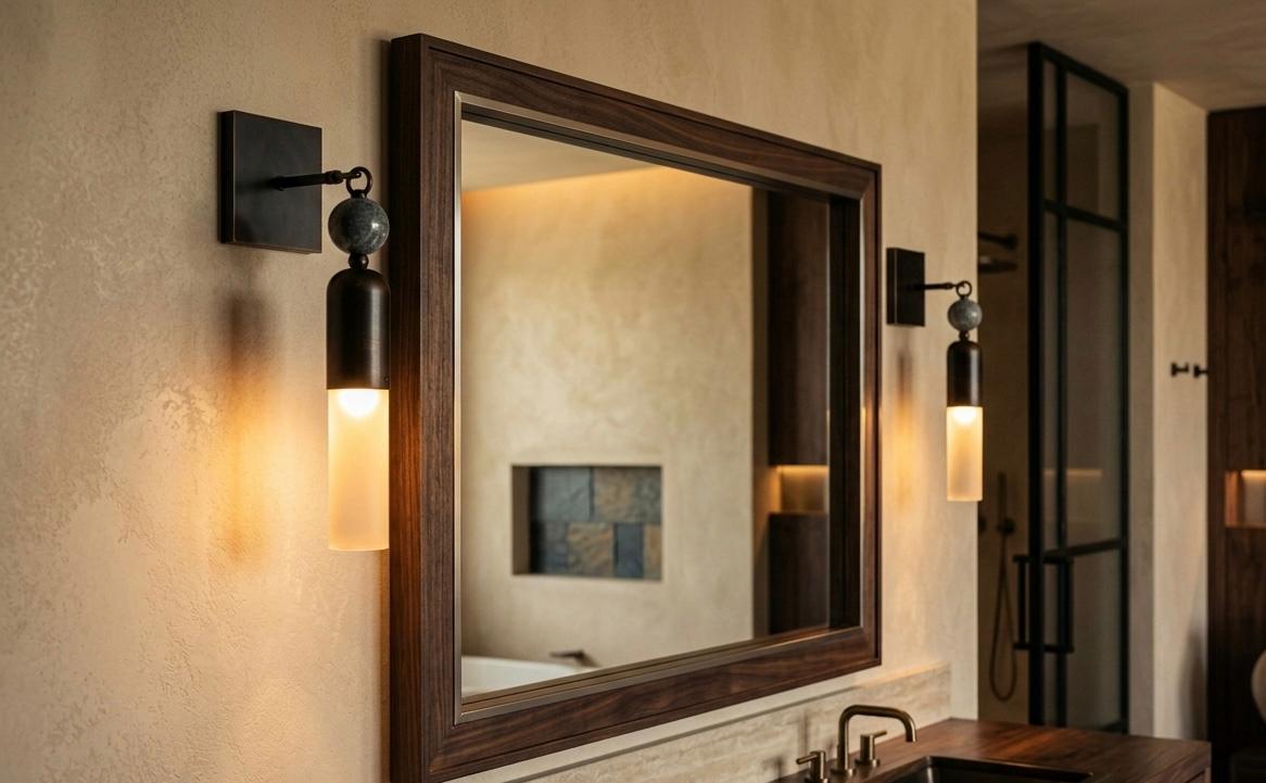 Handmade Frosted Glass Tube Wall Sconce with Natural Marble Gemstones - Dark Bronze finish