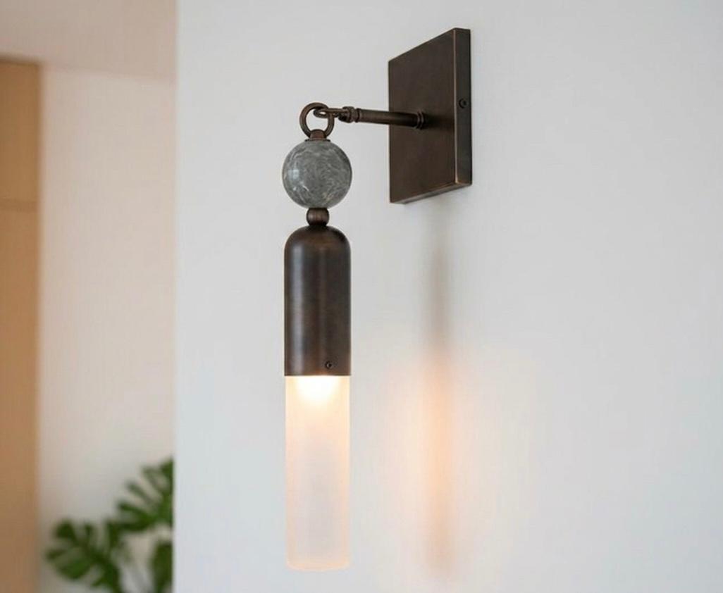 Handmade Frosted Glass Tube Wall Sconce with Natural Marble Gemstones - Dark Bronze finish