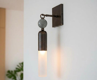 Handmade Frosted Glass Tube Wall Sconce with Natural Marble Gemstones - Dark Bronze finish