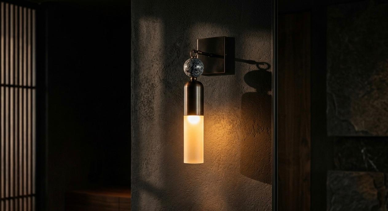 Handmade Frosted Glass Tube Wall Sconce with Natural Marble Gemstones - Dark Bronze finish