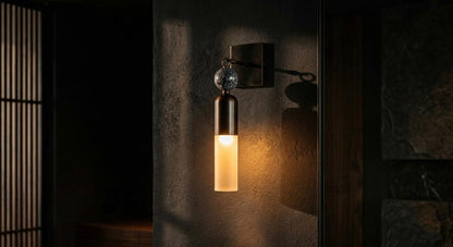 Handmade Frosted Glass Tube Wall Sconce with Natural Marble Gemstones - Dark Bronze finish