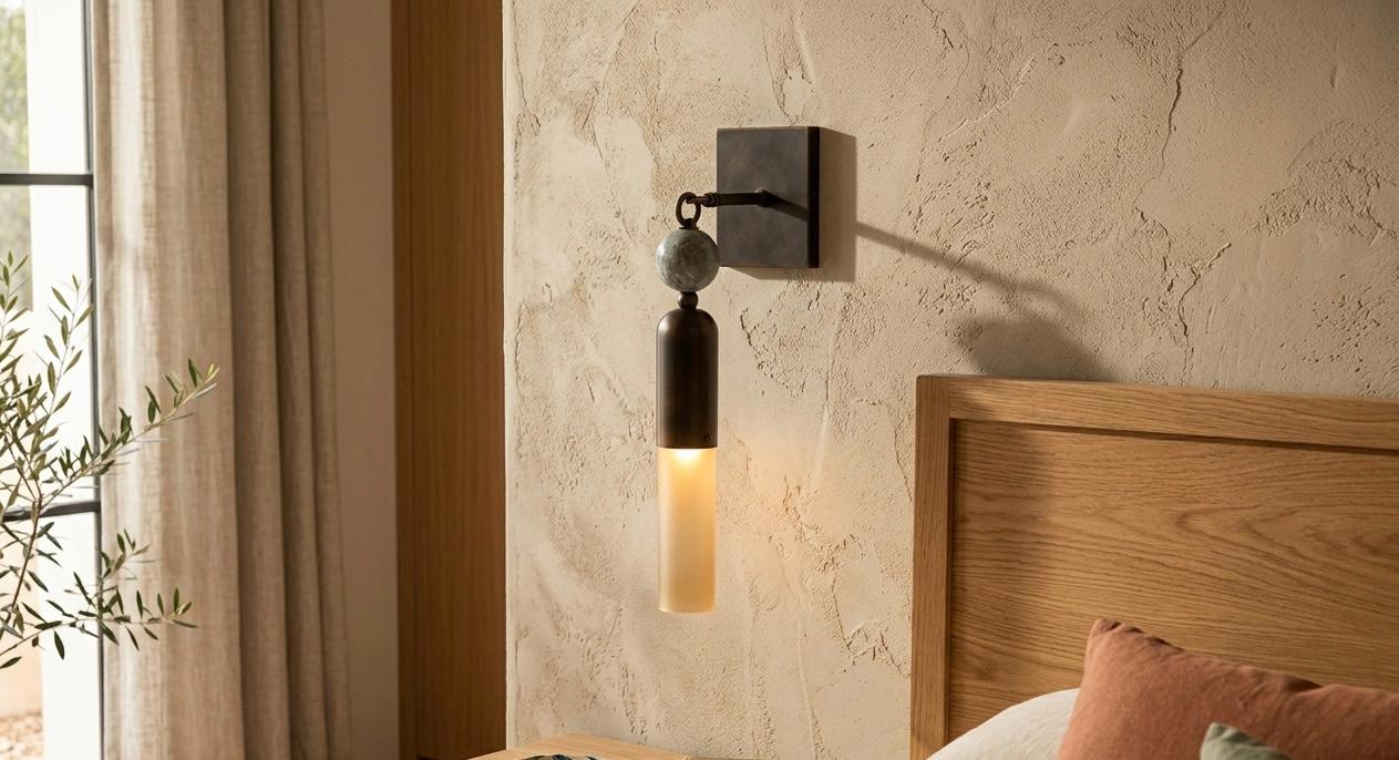 Handmade Frosted Glass Tube Wall Sconce with Natural Marble Gemstones - Dark Bronze finish