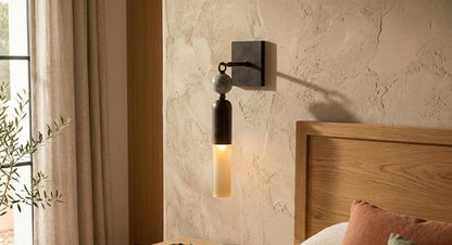 Handmade Frosted Glass Tube Wall Sconce with Natural Marble Gemstones - Dark Bronze finish