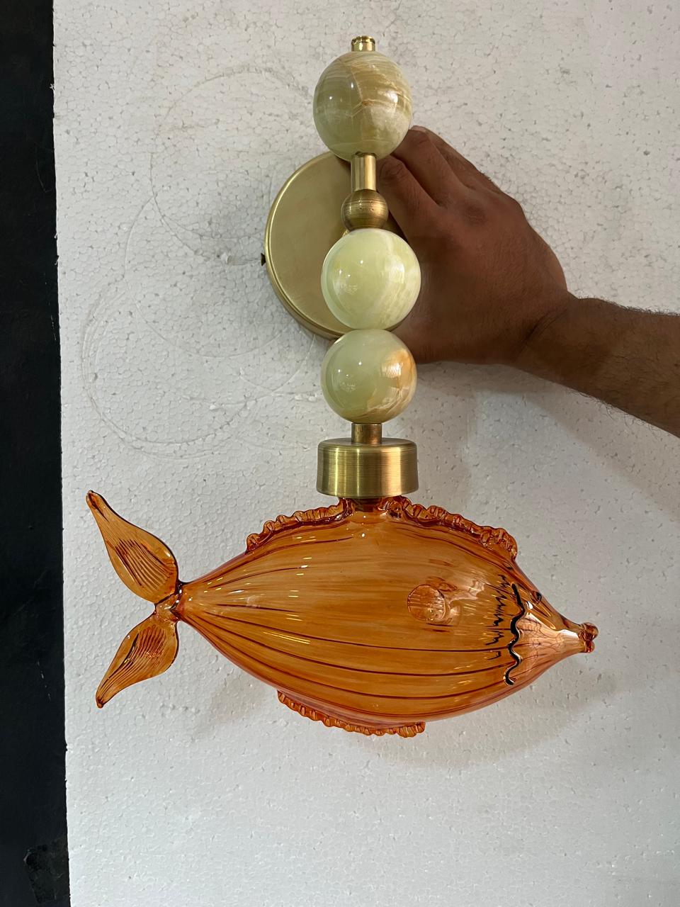 Handmade Onyx & Brass Fish Wall Sconce - Glass Art - Les Trois pyramides