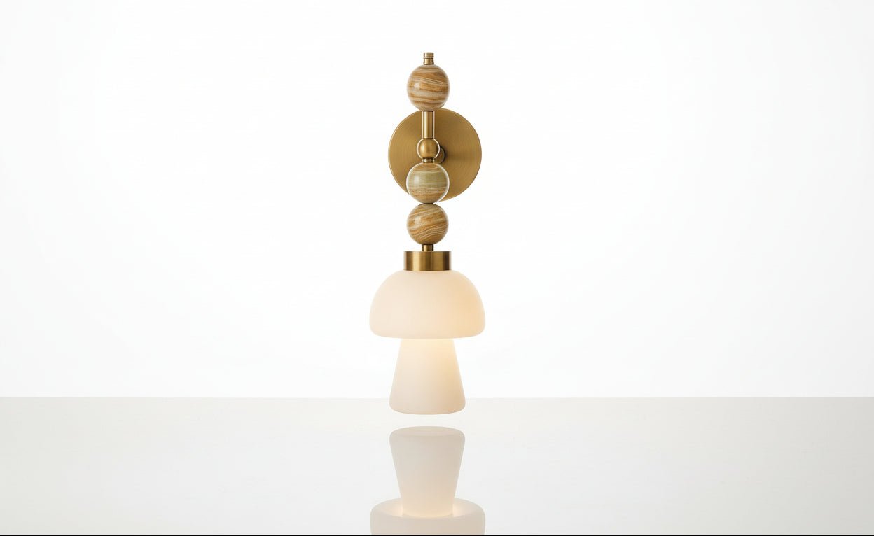 Handmade Onyx & Brass Mushroom Wall Sconce with Frosted Glass – Modern Wall Light Fixture