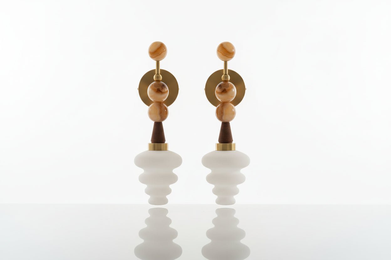 Handmade Onyx & Frosted Glass Wall Sconce with Leather – Brass Wall Light Fixture