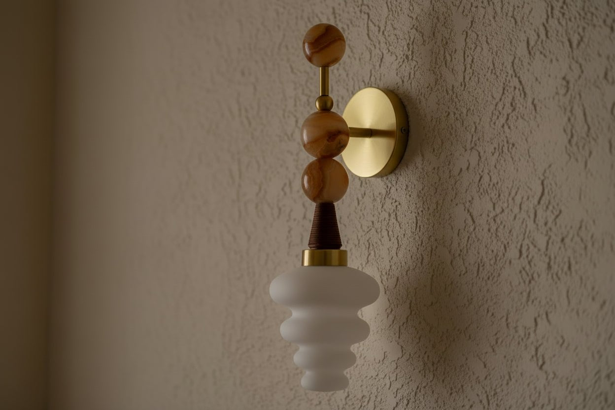 Handmade Onyx & Frosted Glass Wall Sconce with Leather – Brass Wall Light Fixture