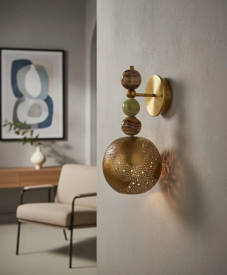 Handmade Onyx Wall Light with Brass Sphere | Vintage inspired Artisanal sconce | Les Trois Pyramides