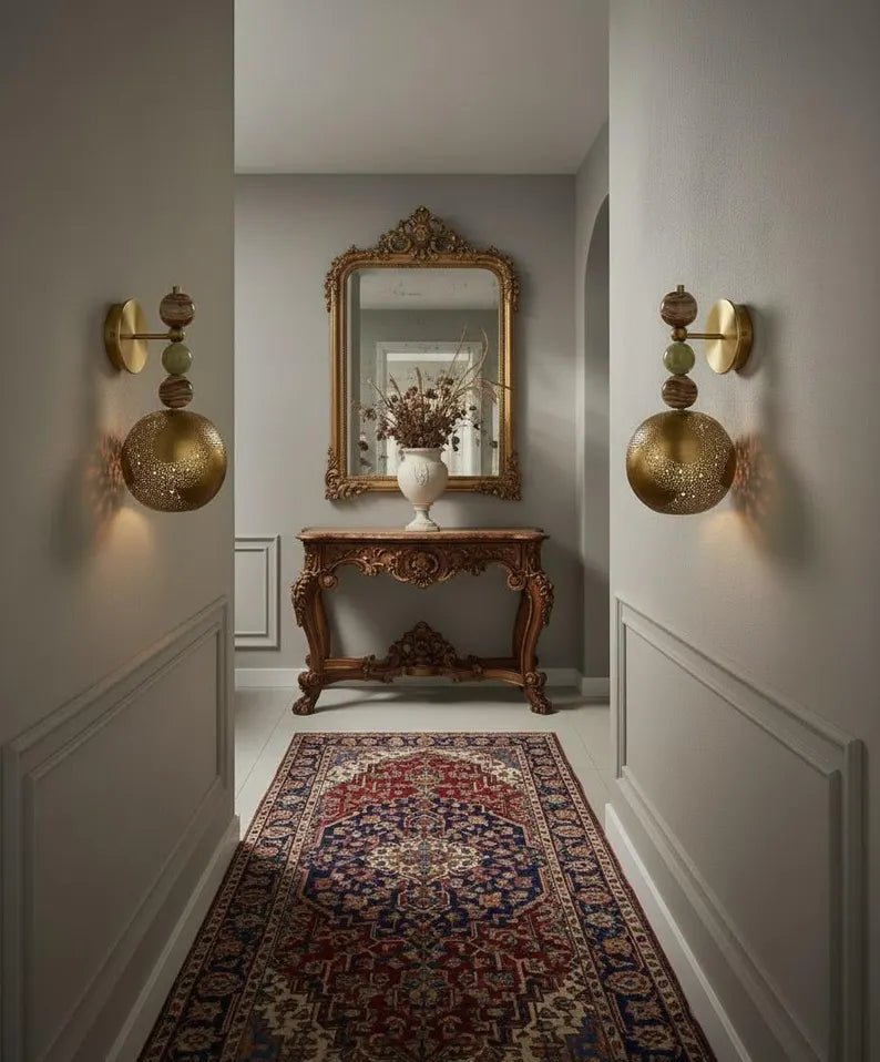Handmade Onyx Wall Light with Brass Sphere | Vintage inspired Artisanal sconce | Les Trois Pyramides