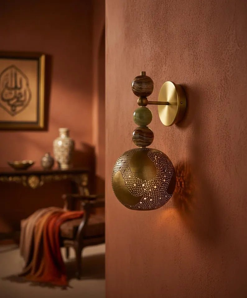 Handmade Onyx Wall Light with Brass Sphere | Vintage inspired Artisanal sconce | Les Trois Pyramides
