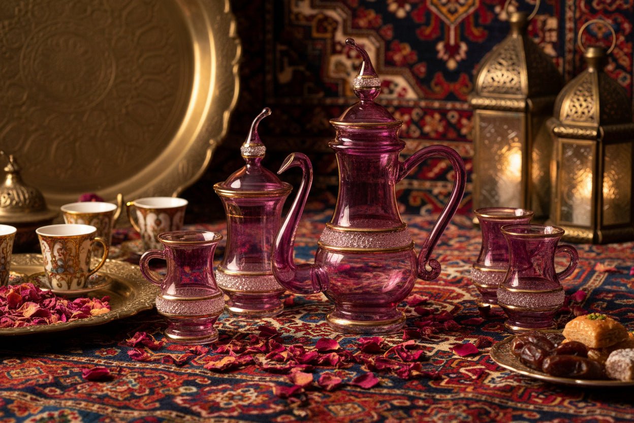 Handmade Turkish Style Glass Coffee Set – 6 Cups with Coffee and Sugar Pots