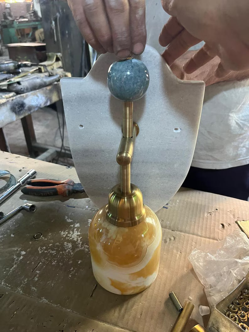 Artisanal Natural Marble Sconce | Handmade Stone Fixture with Brass Hardware | Les Trois Pyramides