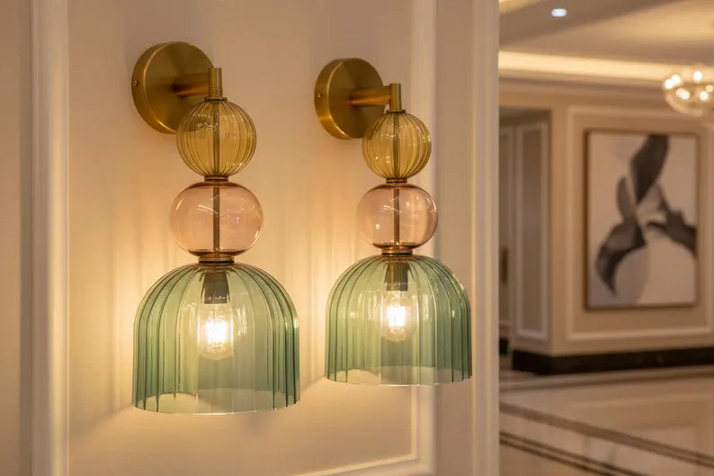 Colored Modern Glass Wall Sconce – Bedside Wall Lighting – Living Room Accent Wall Light – Hallway Entryway Décor – Boutique Hotel Wall Lamp | Les Trois Pyramides 