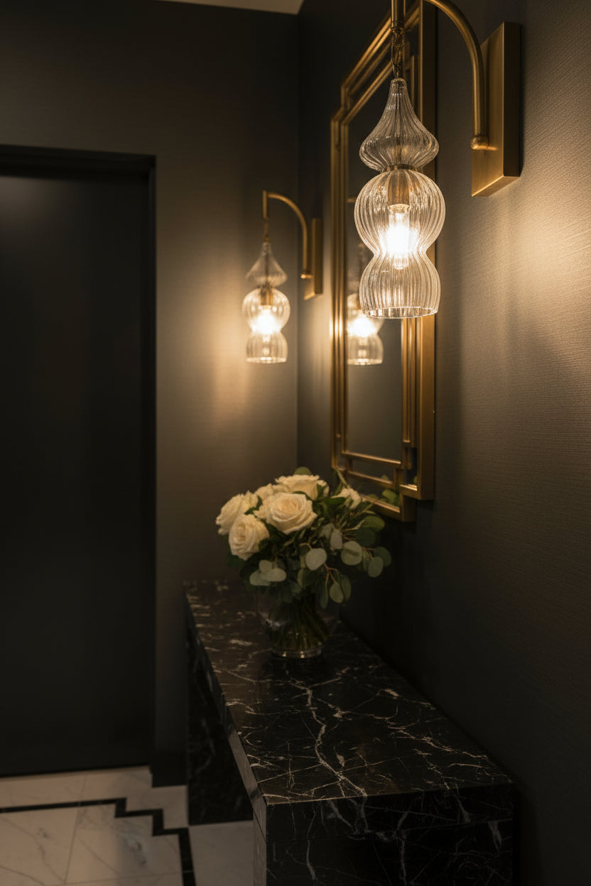 Handcrafted Ribbed Glass Wall Sconce | Brass Bathroom & Hallway Light