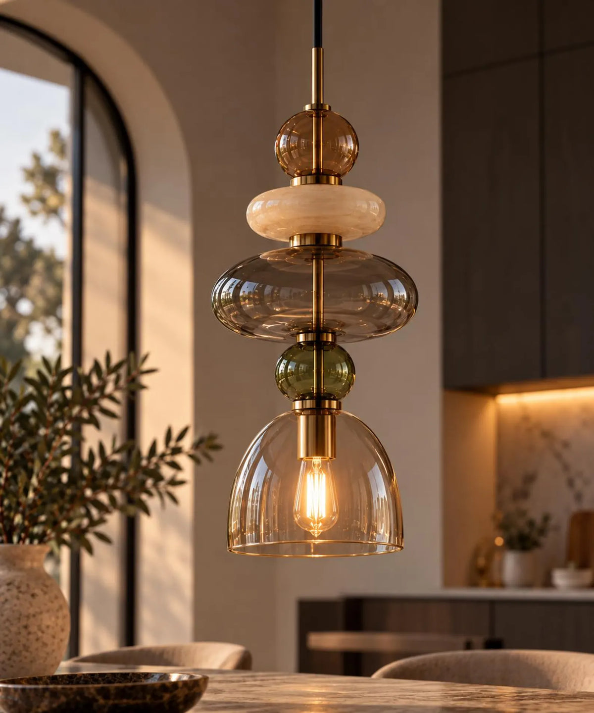 Handmade glass pendant light featuring amber, milky white, smoky grey and olive green glass elements, with brass accents and a clear champagne glass shade | Les Trois Pyramides