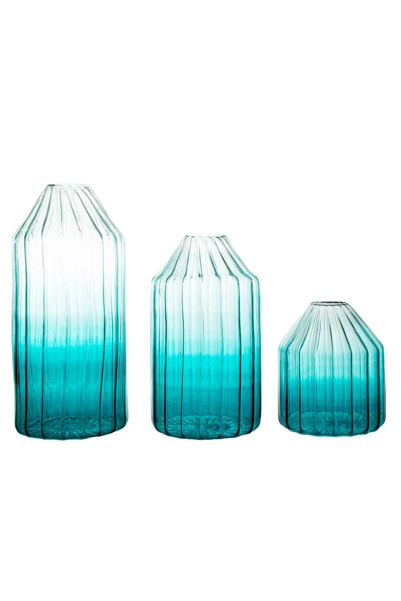 Turquoise Set of Three Art Deco Vase, Hand Blown Glassware , Blown Glass Vases , Vintage Glass Vase , Colored Glass Vases , Vase for Flowers - Les Trois Pyramides