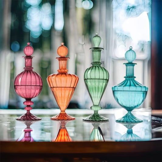 Handcrafted Colored Glass Decanters – Set of Four Elegant Decanters 
| Les Trois Pyramides 