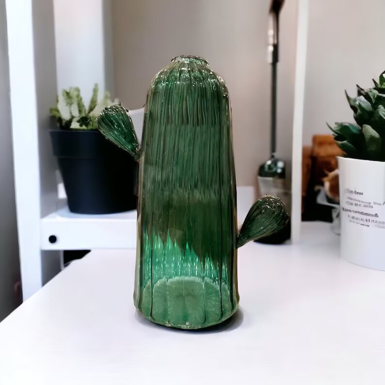 Green Cactus Shaped Art Deco Vase - Hand Blown Glassware - Blown Glass Vases - Large Vase - Colored Glass Vases - Vase for Flowers - Les Trois Pyramides