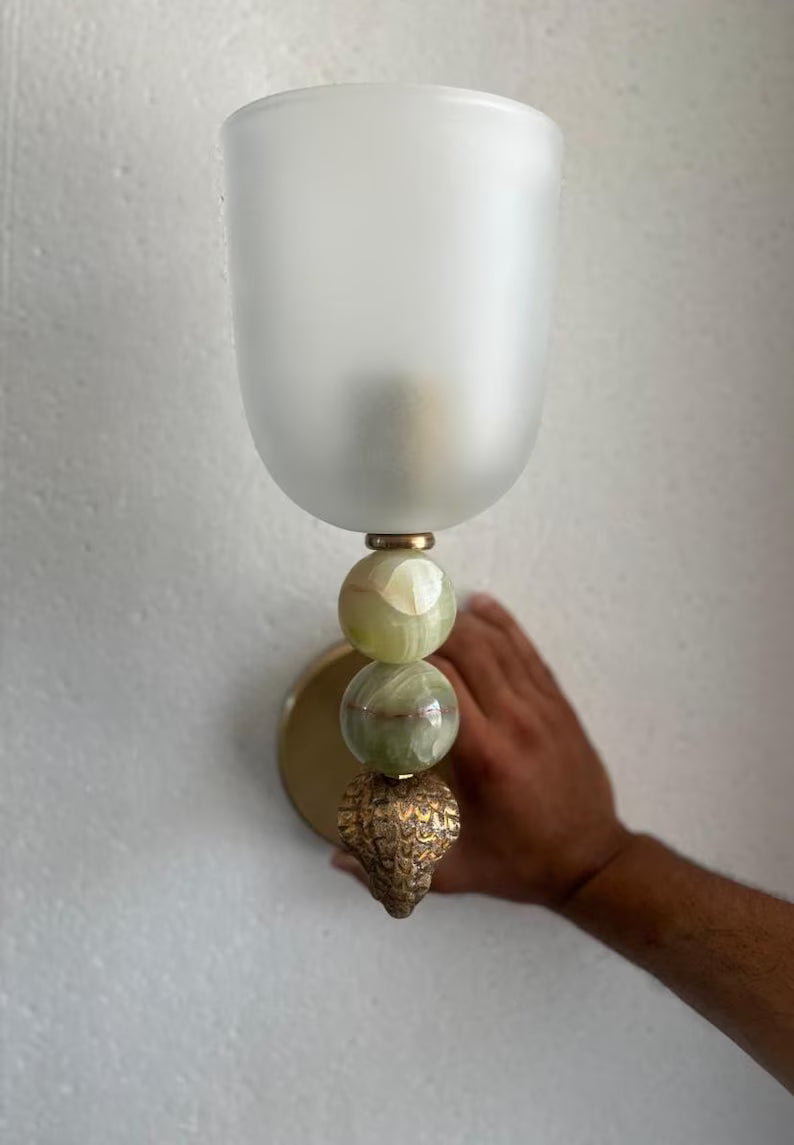 Onyx Stone Wall Sconce Set of 2 Frosted Glass | Handmade Mid Century Inspired Lighting
