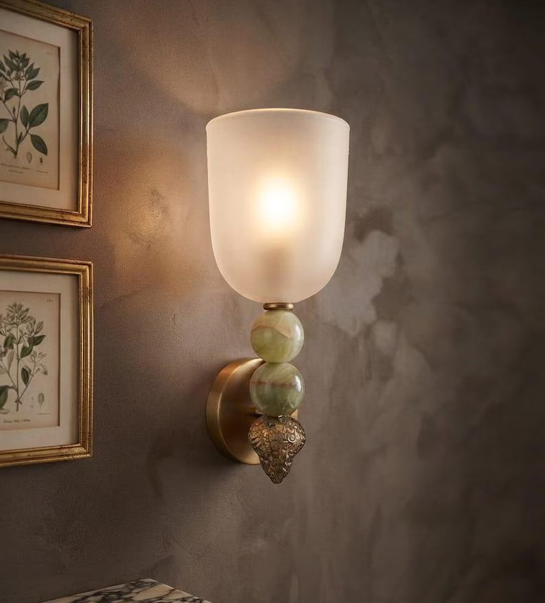 Onyx Stone Wall Sconce Set of 2 Frosted Glass | Handmade Mid Century Inspired Lighting